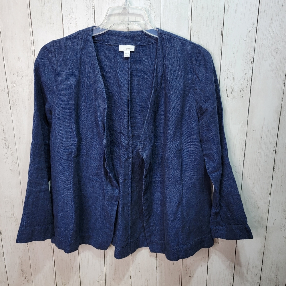 Pure Jill Blue Linen Open Front Jacket Women Navy Lagenlook J Jill Size M Petite
